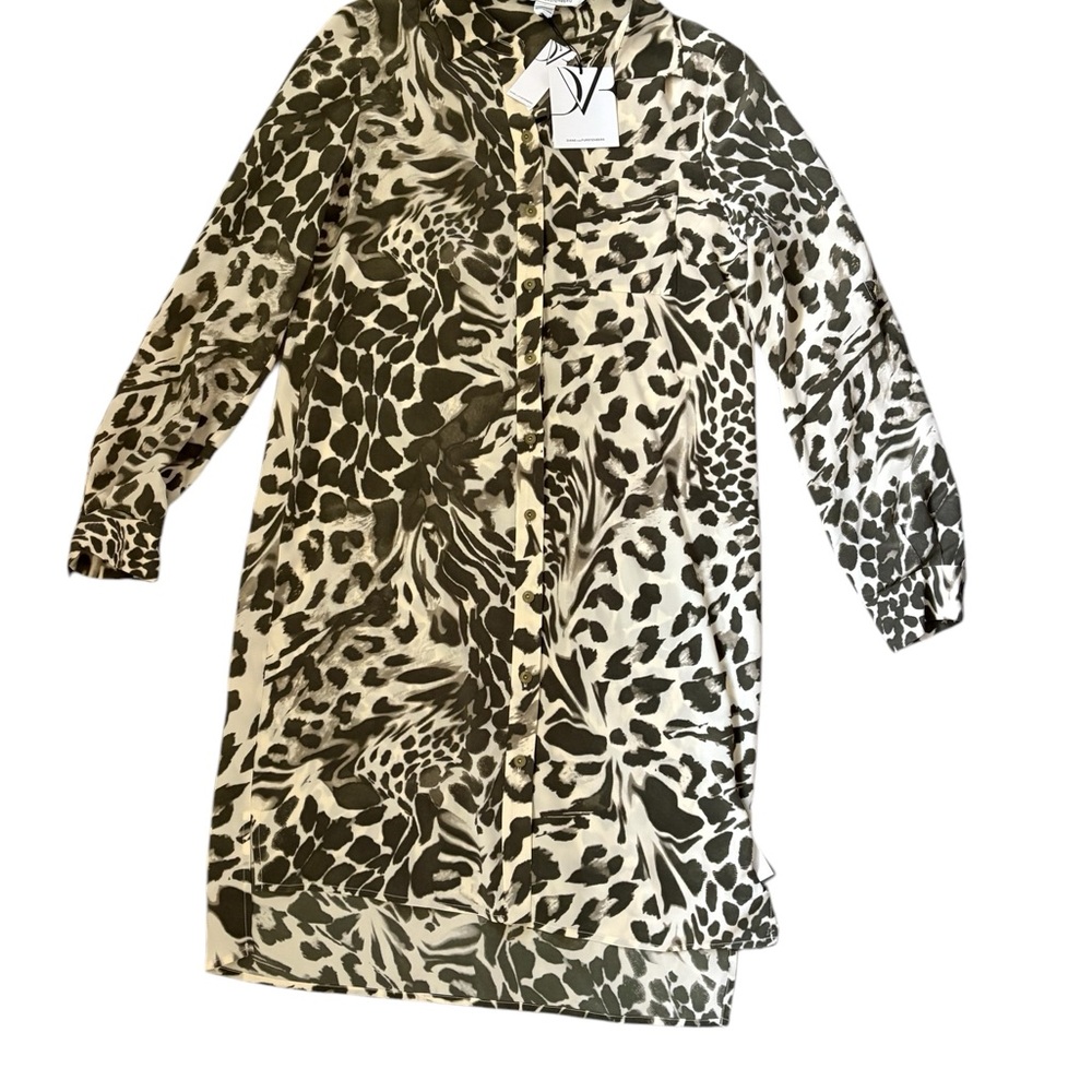 Diane von Furstenberg Prita Animal Print Silk Shirt Dress Green NWT Sz 2 - Picture 4 of 12